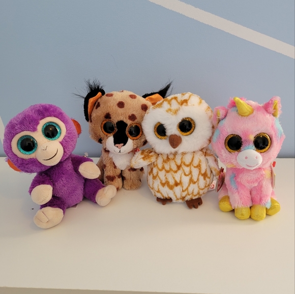 The Beanie Boo's Collection Set of 4 Unicorn Owl Cat Monkey 2015 2016 TY Beanies - Picture 1 of 16